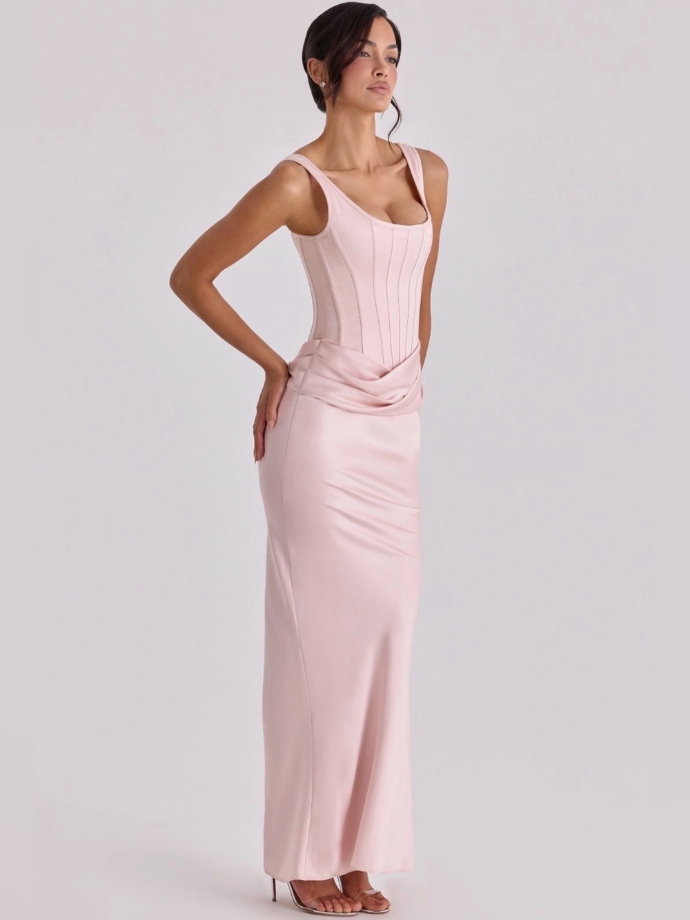 House of CB “Kira” Satin Light Pink Blush Corset Draped Maxi Dress